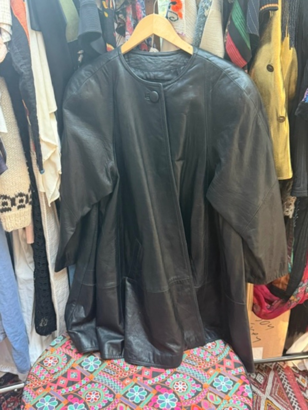 70s Black Leather Swing Coat